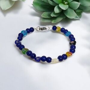 Heart Millefiori Cobalt Blue Glass Beads Bracelet